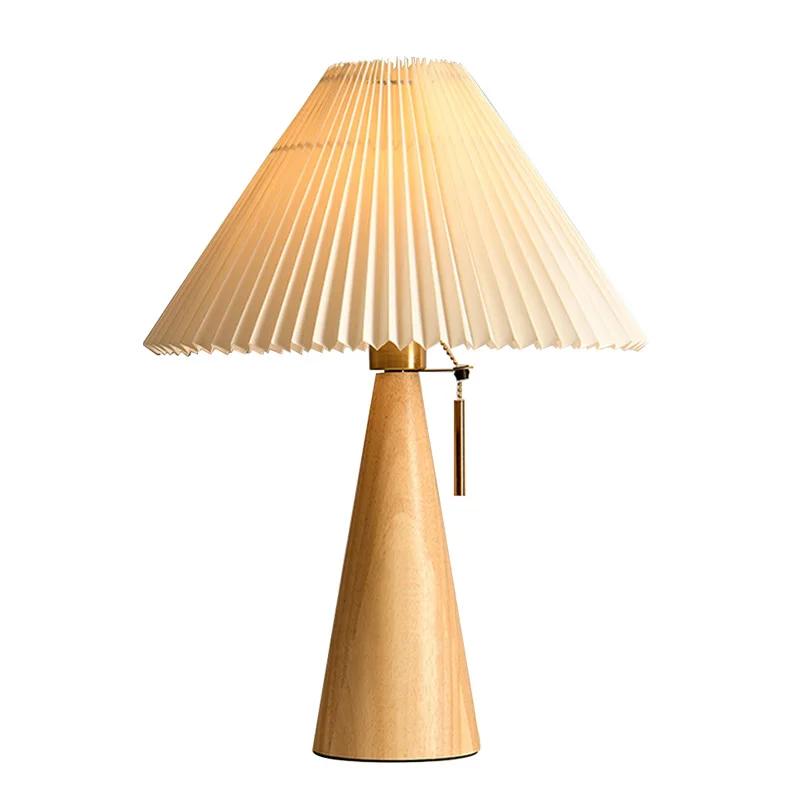 Nordic Retro Pleated Table Lamps LED Solid Wooden Desk Lights Study Reading Table Light for Bedroom Home Decoration Lighting E27