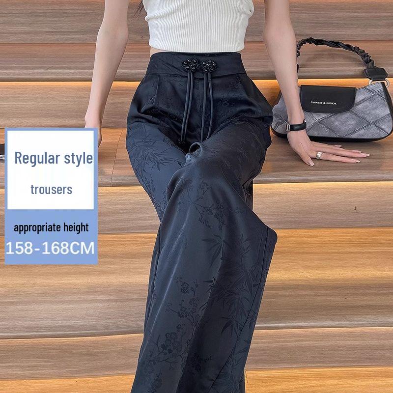 

Women s High-Waisted Floral Wide-Leg Pants - Summer Ice Silk Floor-Length with Frog Buttons Small чёрный