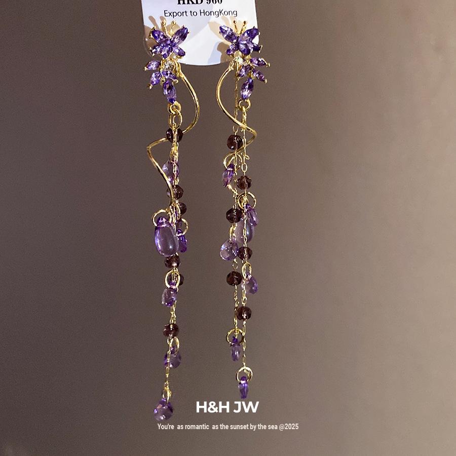 Silver Needle Diamond Butterfly Water Drop Tassel Earrings Retro Fresh Sweet Delicate Earrings Light Luxury Premium Earrings Women
