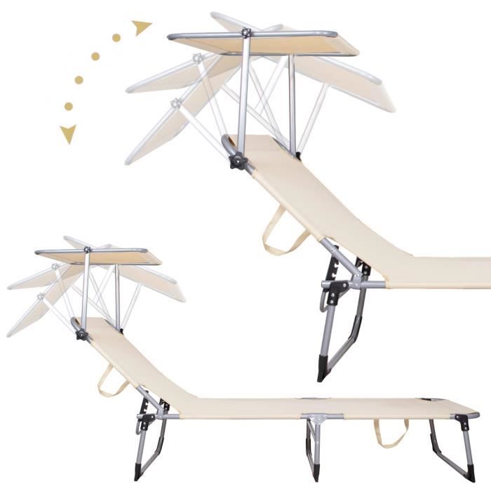 Chaise longue - SPRINGOS - Pliable avec pare-soleil - 188 x 57 cm - Métal - 100% polyester