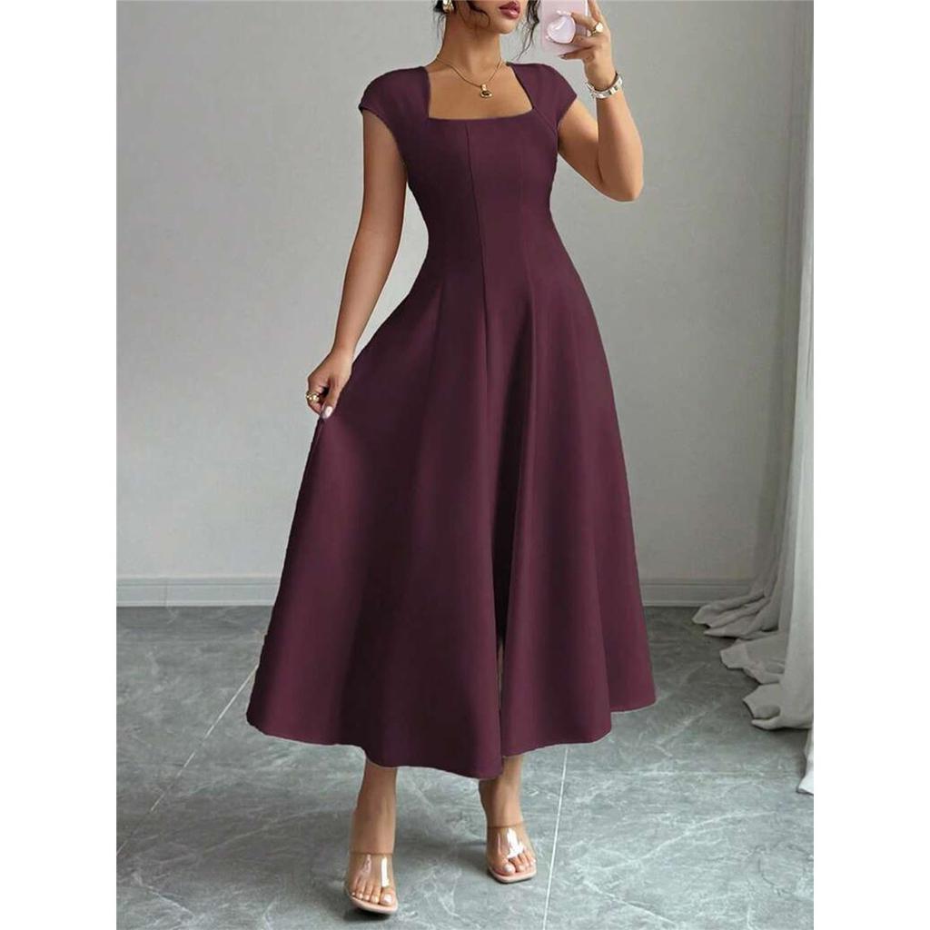 Vestido Elegante Largo de Manga Corta con Escote Cuadrado para Mujer