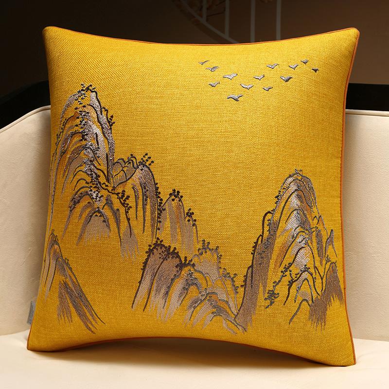 Sofa Throw Pillow Pillowcase Soft Silky Feeling Backrest Cushion Cover Living Room Luxury Decor Chinese Shanshui Embroidery