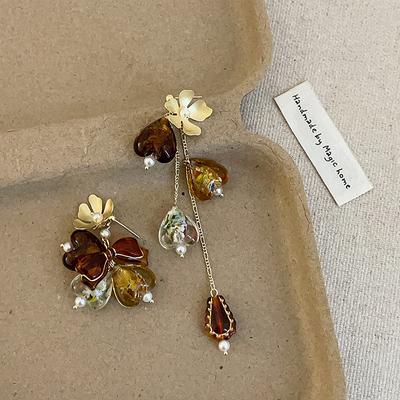 Maillard Style Glazed Love Flower Fringed Long Stud Earrings Women'S Niche Design Asymmetric Versatile Earrings