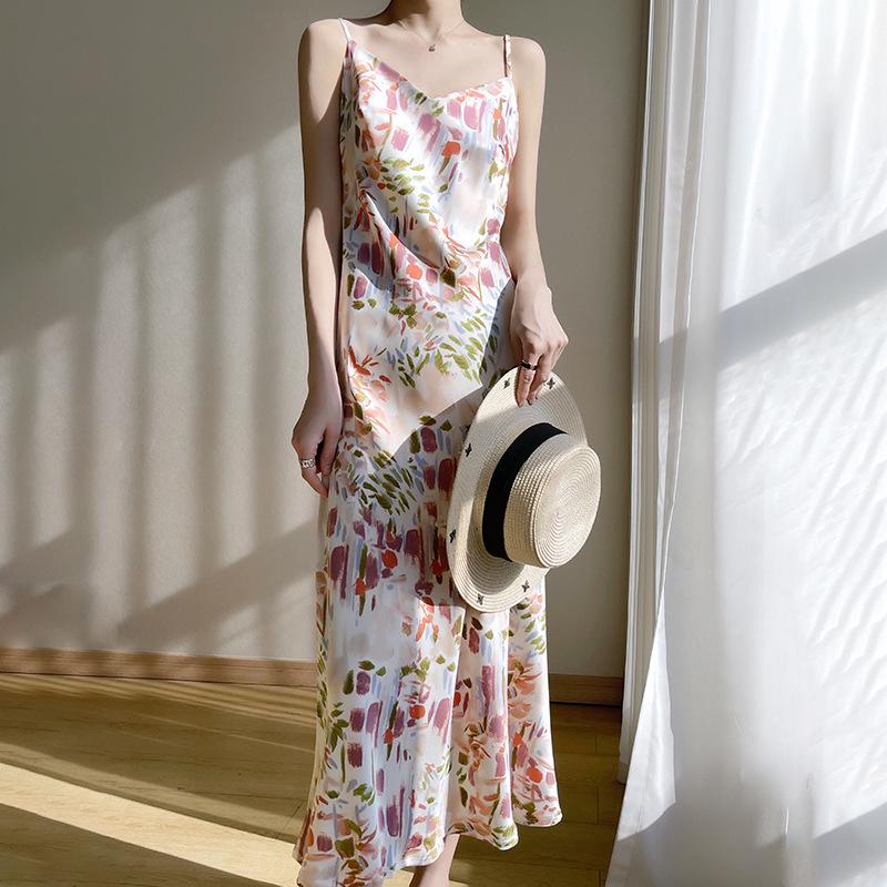 

Plus Size V-Neck One-Shoulder Ice Silk Midi Dress - Loose-Fitting Spring Print Large рожевий