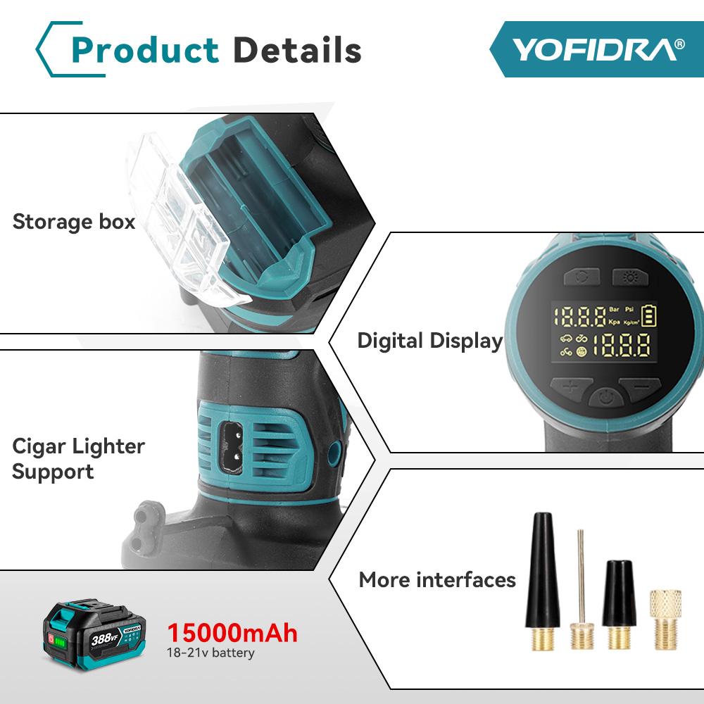 Yofidra 1100kpa Electric Air Pump Cordless Inflatable Pump With Digital Display Portable Car  Pneumatic Tool For Makita 18V Battery