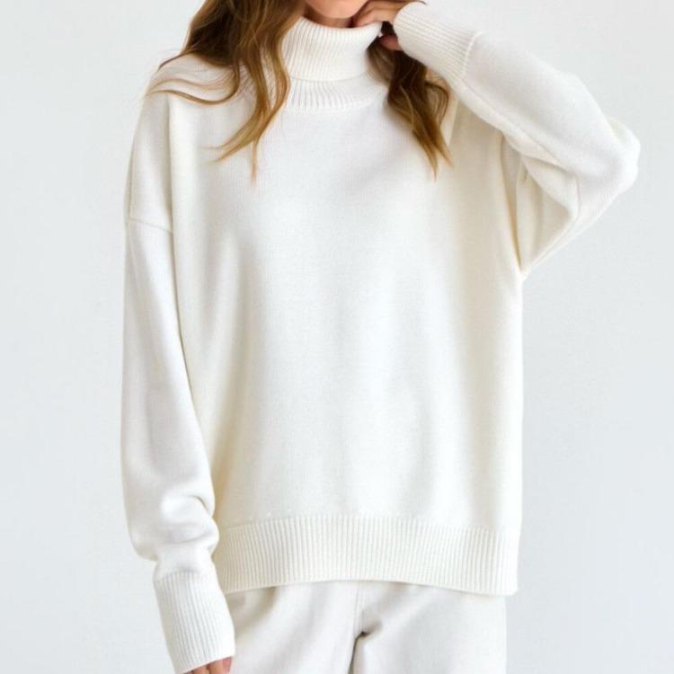 Loose Women Pullover Knitted Sweater Fashion Long Sleeve Autumn Winter Solid Color Half High Collar Tops