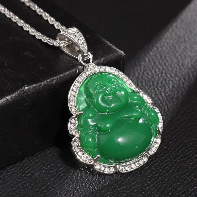 Fashionable Cute Green Stone Maitreya Buddha Pendant Buddha Necklace for Women Buddhist Amulet Jewelry Anniversary Gift