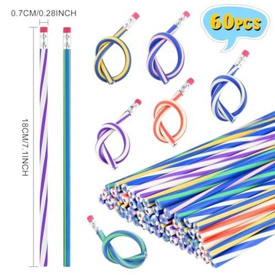 ANPUNAT 60 Pieces Soft Flexible Bendable Pencils Erasers School Stationery Birthday Party Prizes Interesting Supplies Term