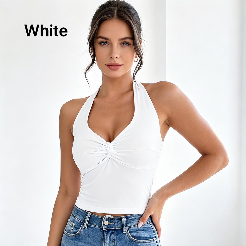 Damen Neckholder Ärmelloses Tanktop Verdrehte Vorderseite Tiefes V-Ausschnitt Schmale Passform Einfarbig Kurz Lässig Sommer Crop Bluse