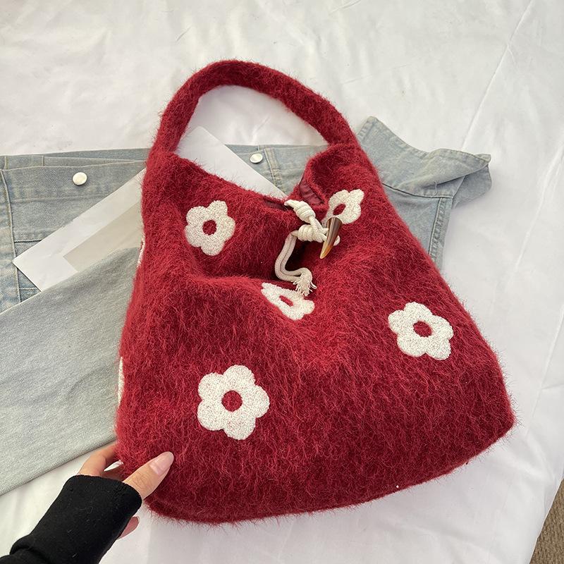 Plush Flower Embroidered Tote Bag Women's Winter New Sweet Niche Shoulder Bag Large Capacity Bag