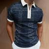 Trendy Chain Print Short Sleeve Polo Shirt, Zip Collar, Fashion Casual Top