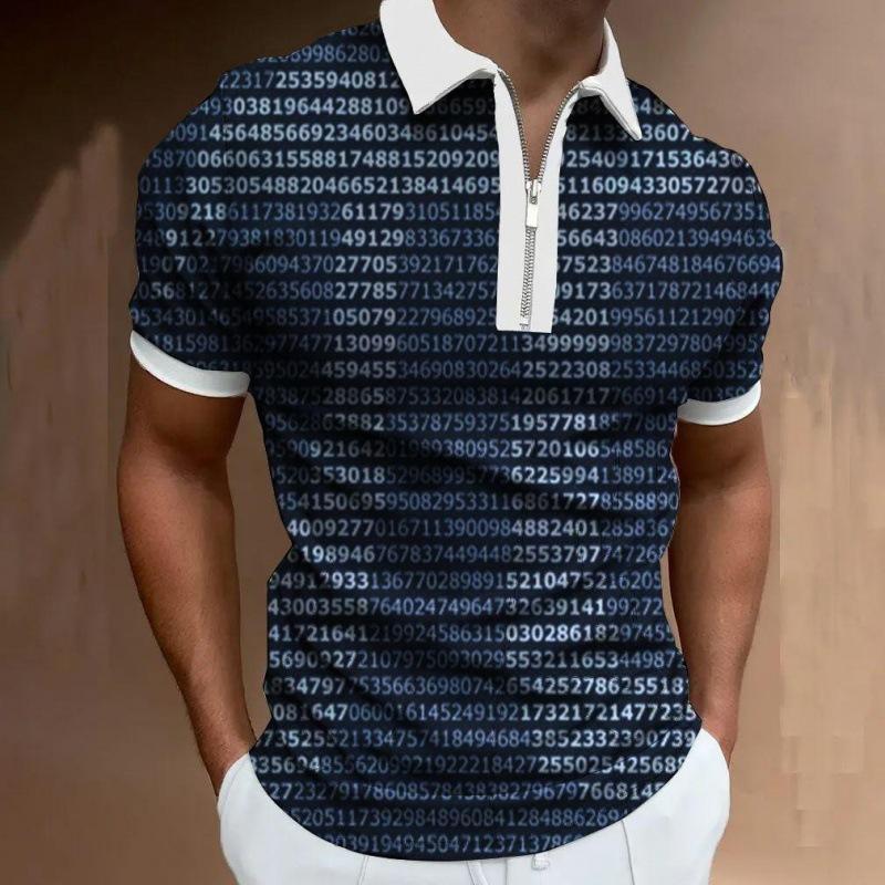 Trendy Chain Print Short Sleeve Polo Shirt, Zip Collar, Fashion Casual Top