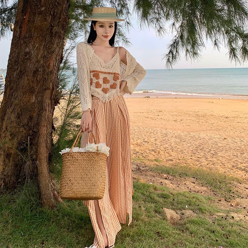 Floor Pants Drape Women's Summer Vacation Pants Beach Pants Orange High-waisted Split-ended Striped Wide-leg Pants