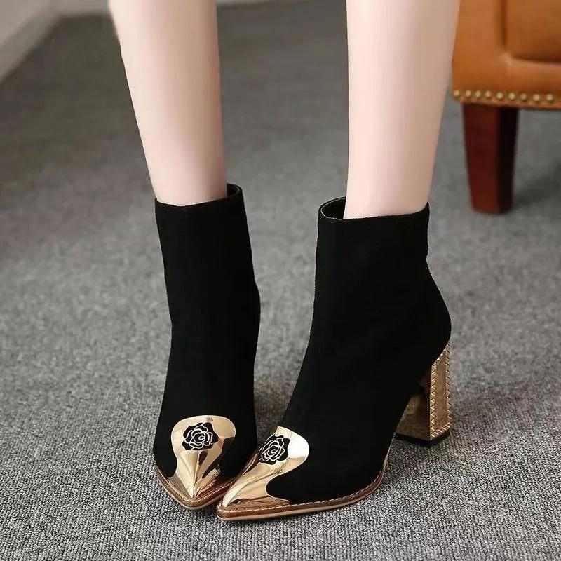 Dámské lodičky s špičatou špičkou a nýty na vysokém podpatku, dámské robustní kovové podpatky, gumové kotníkové boty, květinové černé krátké boty pro ženy