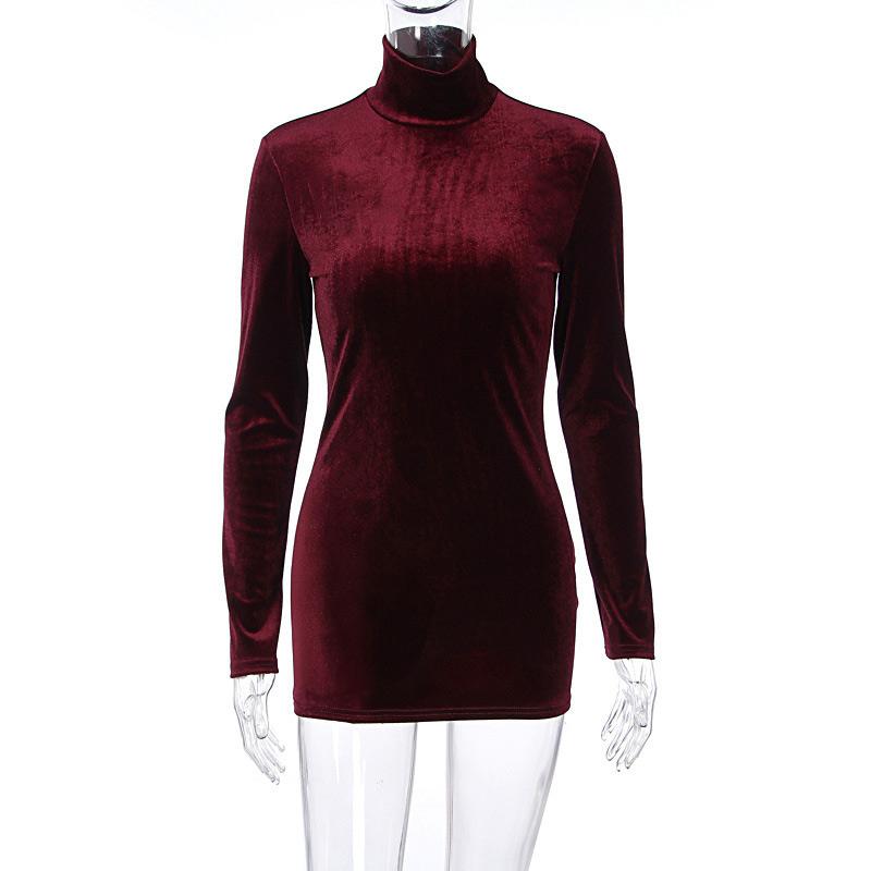 Catifea Gât țestoasă Slim Fit Rochie Scurtă Femei Toamnă Iarnă mâneci lungi Pachet Rochii de șold Robe de seară de petrecere sexy