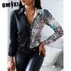 GMXIA Women's Fashion Casual Solid Color Print Long Sleeve POLO Neck Blouses & Shirts