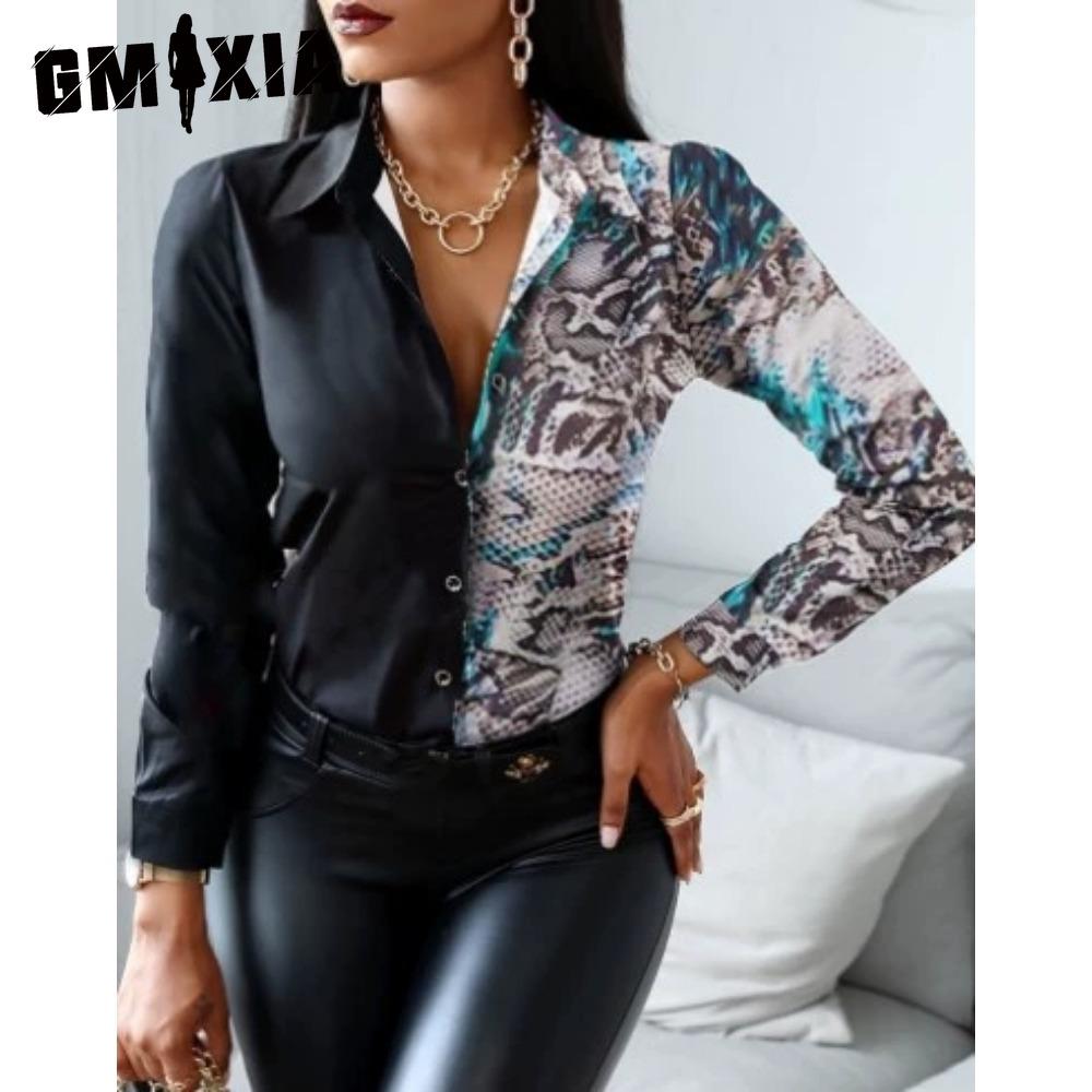 GMXIA Women's Fashion Casual Solid Color Print Long Sleeve POLO Neck Blouses & Shirts