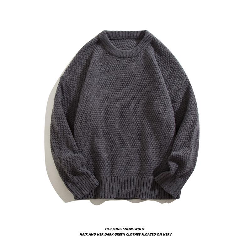 Heavyweight Cotton Yarn Pineapple Stitch Knit Casual Loose Round Neck Pullover Sweater