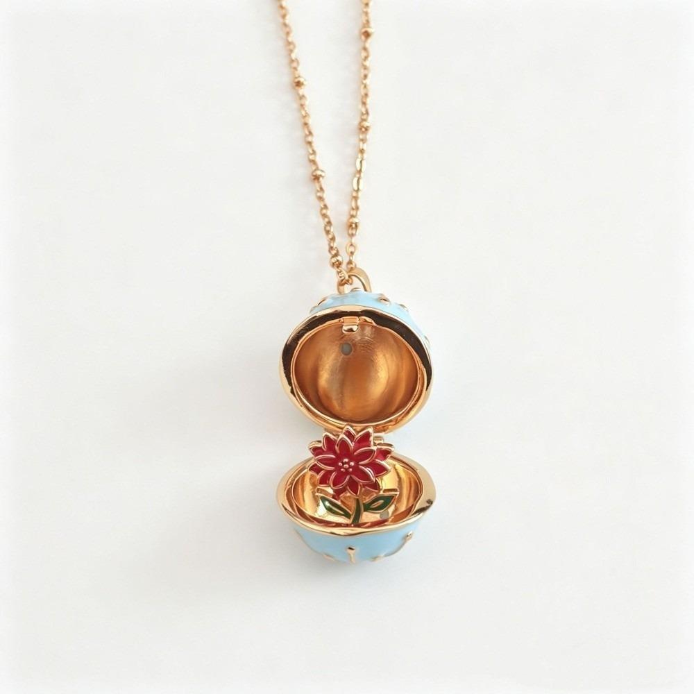 Round Egg-shaped Box Openable Flower Necklace Copper Pendant Jewelry Accessories Anniversary