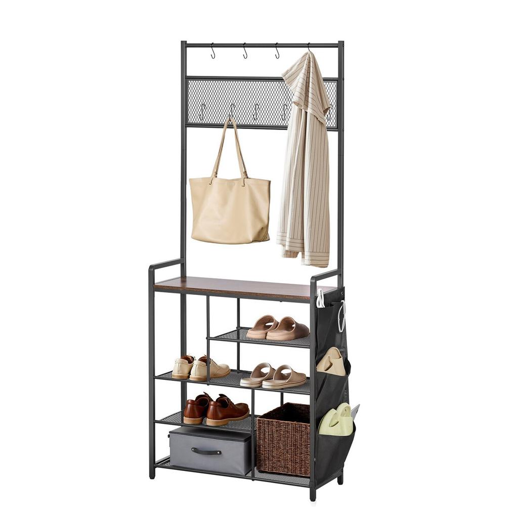 Hall Tree, 1800 mm Coat Rack with Shoe Storage, Freestanding 4-Tier Shoe Rack Organizer with Hooks, Side Pocket and Wire Shelf, Steel Frame Entrance