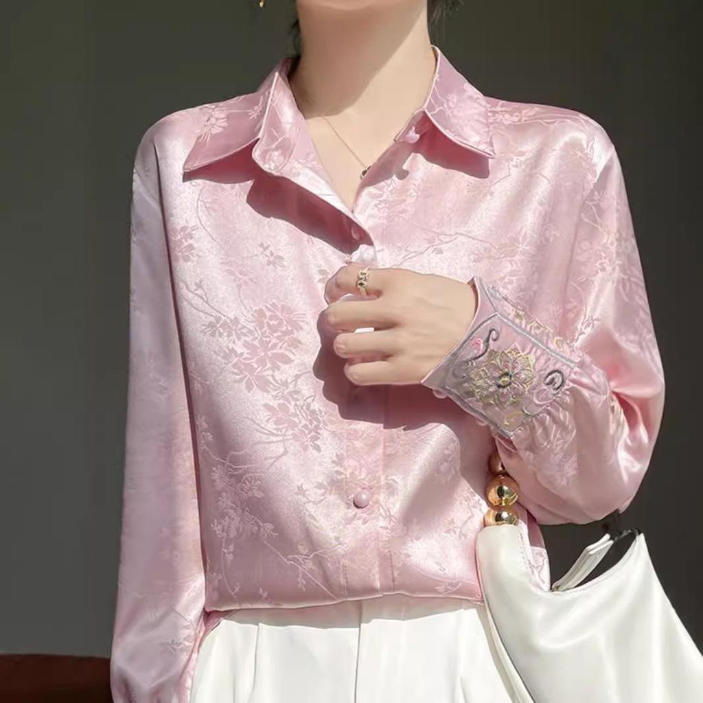 Women's Retro Chinese Tang Suit Style Satin Jacquard Shirt, Long Sleeve, 2026 Design