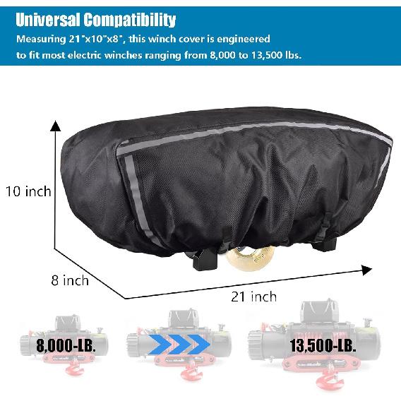 Winch Cover, Waterproof Dustproof Winch Protection Cover With Reflective Ribbon For 8000-13500 Lbs Electric Winch (Black Ribbon)