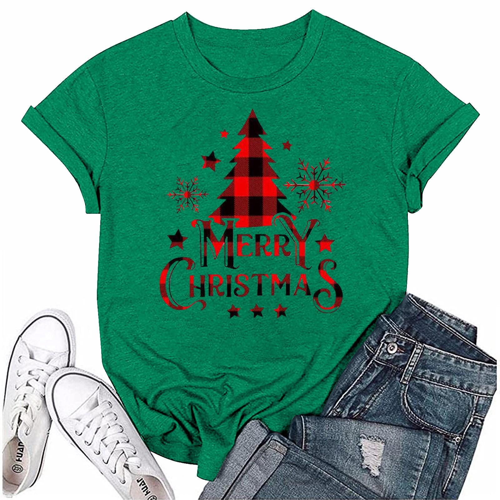

Женский повседневный рождественский принт с короткими рукавами и круглым вырезом, свободный пуловер, топ L армия зеленый