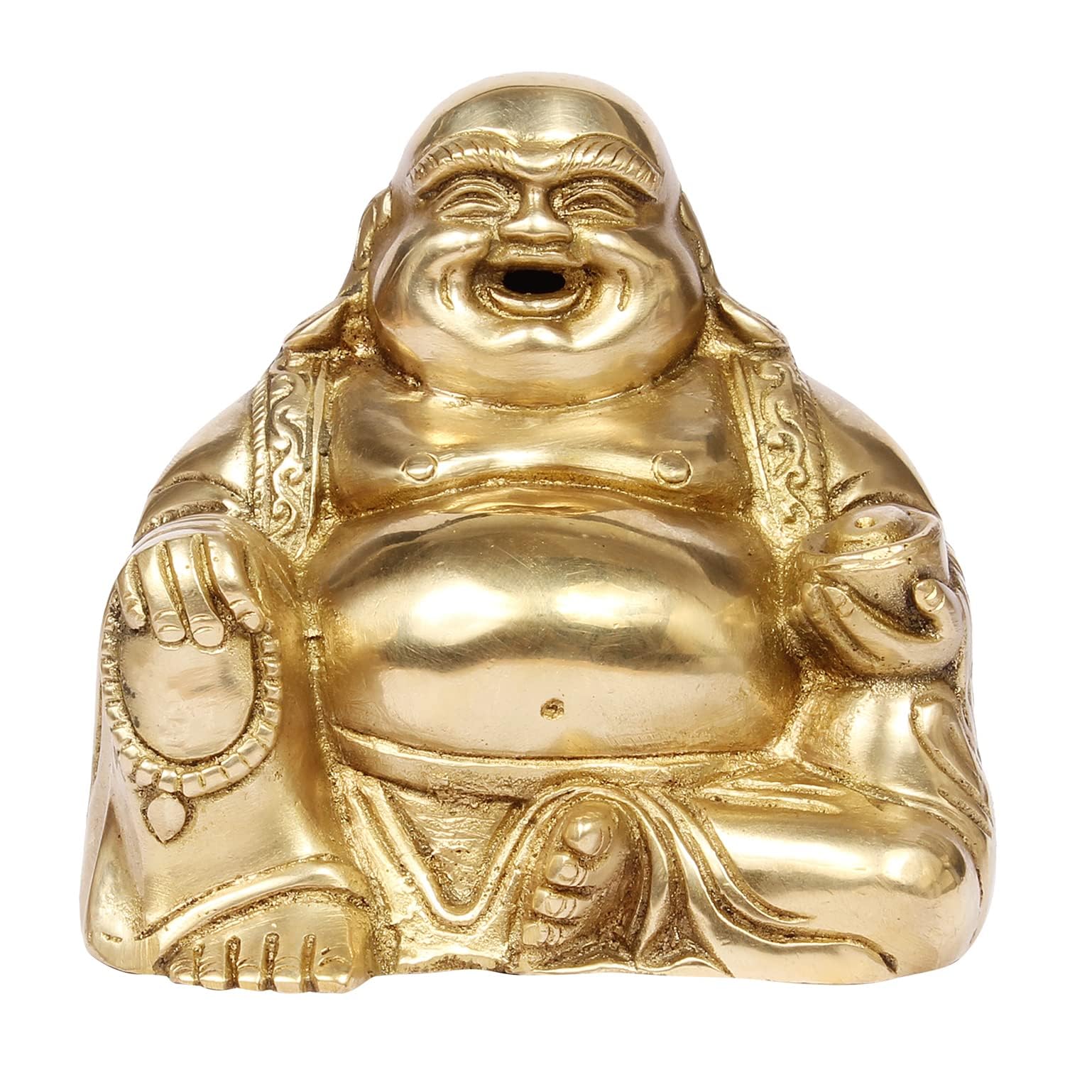 100% Pure Brass Laughing Buddha With Ingot Showpiece, Good Luck Buddha Statue