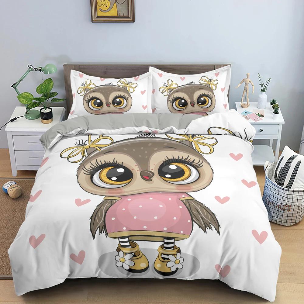 Cartoon Owl Duvet Cover Cute Night Animal For Kids Boys Girls Gifts Owl And Koala Tribal Feather Style Green Bedroom Decorations