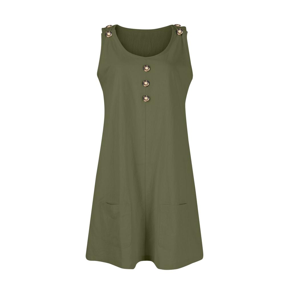 Women's Loose Casual Color U-Neck Pocket Button Adjustable Shoulder Strap Sleeveless Dress