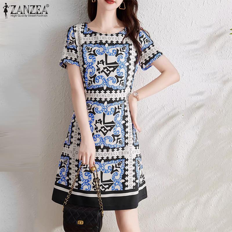 

ZANZEA Женское повседневное платье с коротким рукавом и богемным принтом с круглым вырезом 5XL розовый