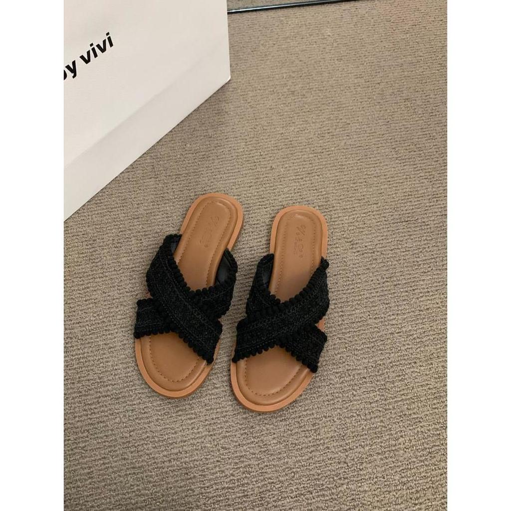 Ретро плетені маленькі круті шльопанці на плоскій підошві, жіноче взуття, літнє взуття 2025, нові літні пляжні сандалі