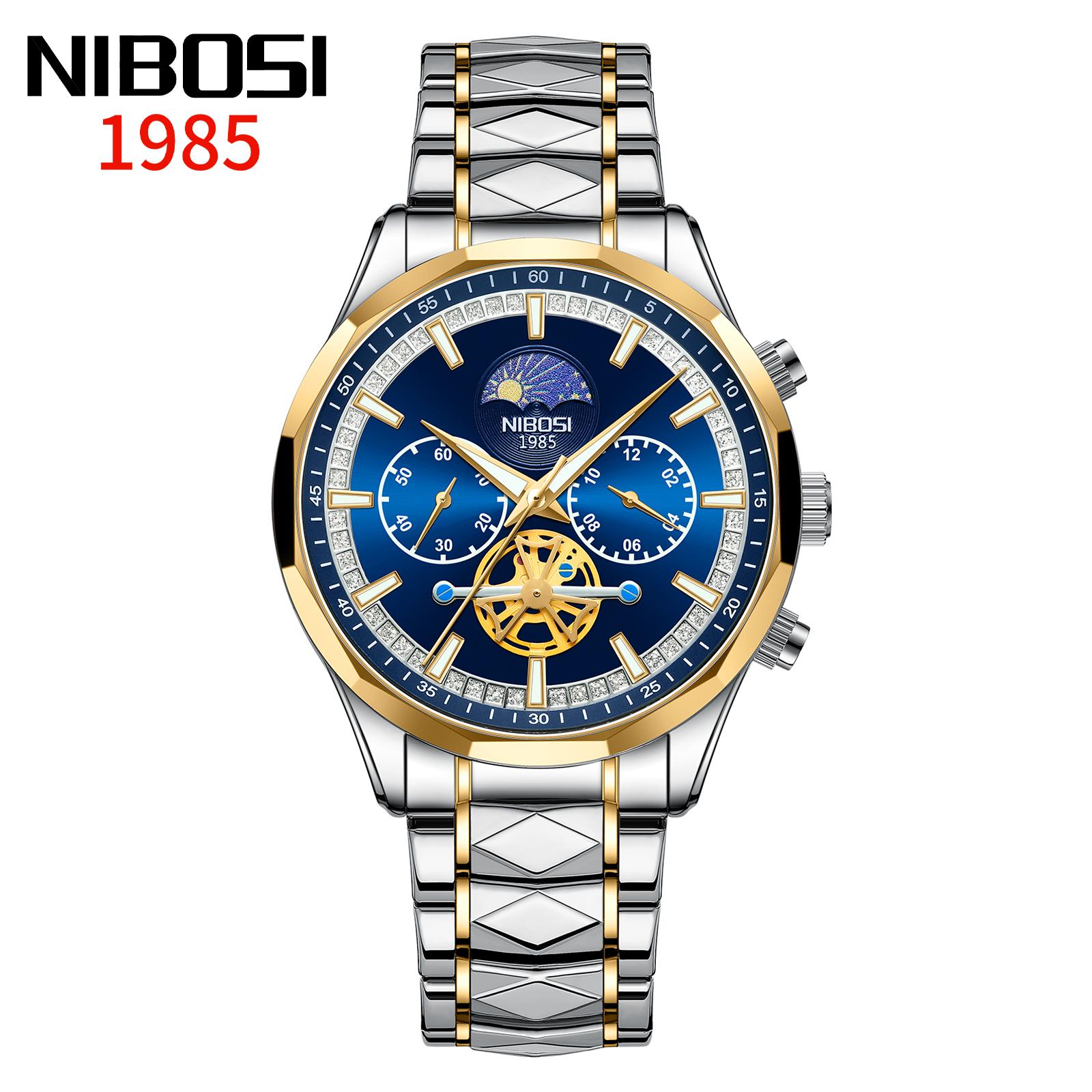 

NIBOSI Star Moon Phase Watches Men Top Brand Luxury Automatic Watch for Men Luminous Waterproof Stainless Steel Quartz Clock золотой/синий