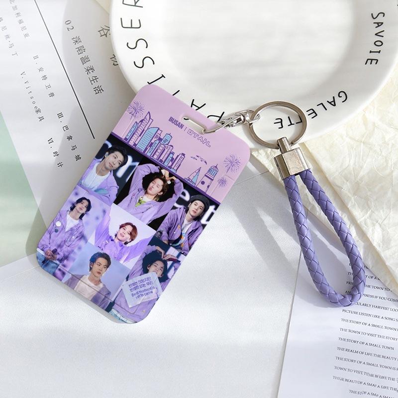 BTS Sliding Photocard Holder, Protective ID Badge Card Case with Braided Keychain Strap, Student Campus Bus Meal Card Protector Merch for ARMY