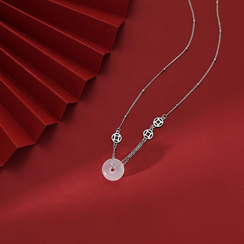 Copper Coin Safety Buckle Necklace Women'S Light Luxury Country Tide White Chalcedony Pendant Coin Hetian Jade Collarbone Chain Gold