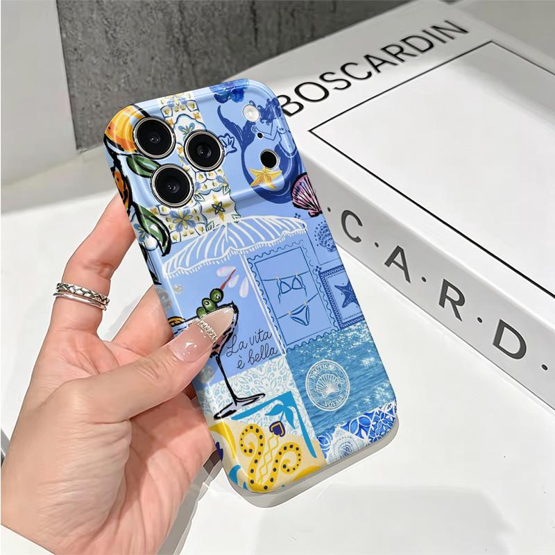 Playful Mediterranean Summer Coastal Collage Graphic Art Film Aesthetic Protective Shockproof Bumper Phone Case Cover For iPhone 14 15 16 Pro Max Plus