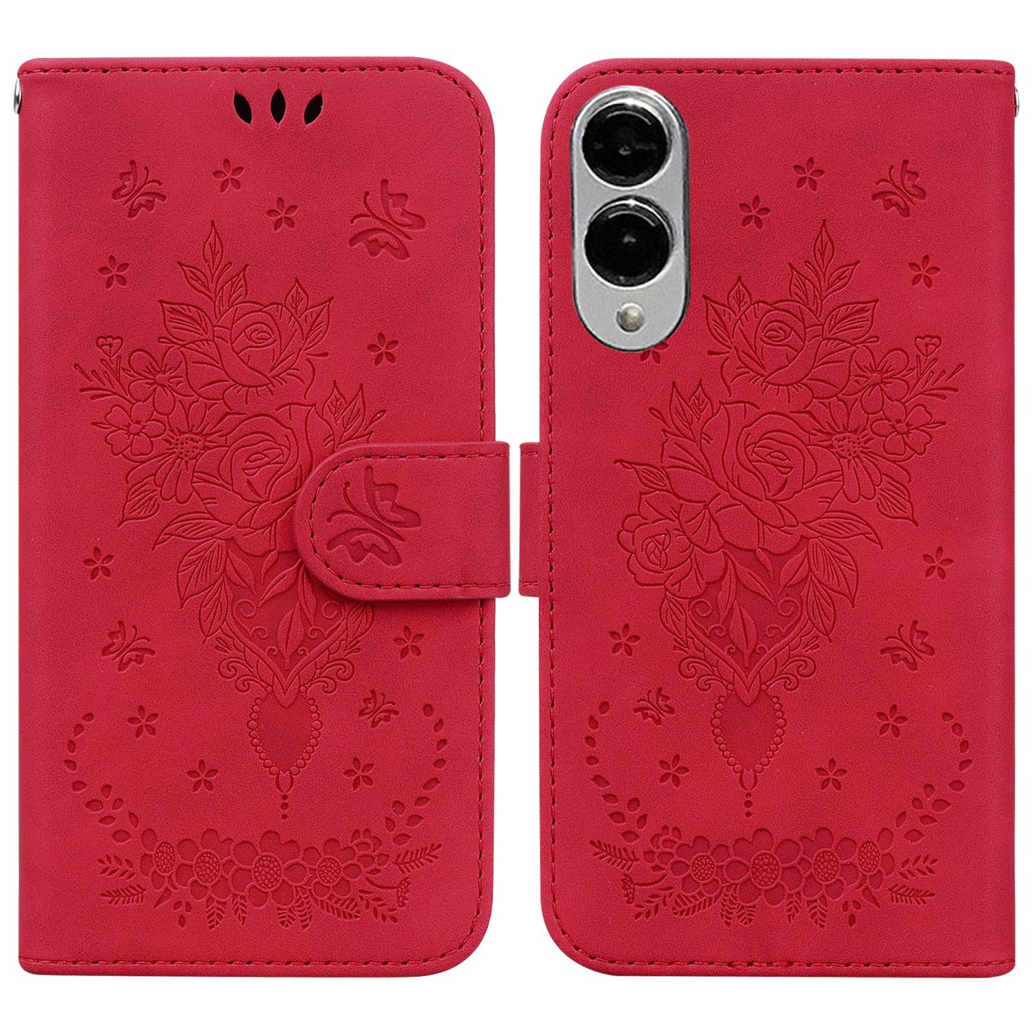 

For Samsung Galaxy S25 Edge Case PU Leather Wallet Phone Cover Butterfly Flower Imprint Red