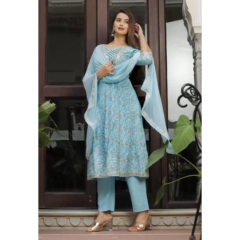Indian Embroidered Anarkali Kurti Bottom Dupatta Set Women Pakistani Party Wear VF-20162a