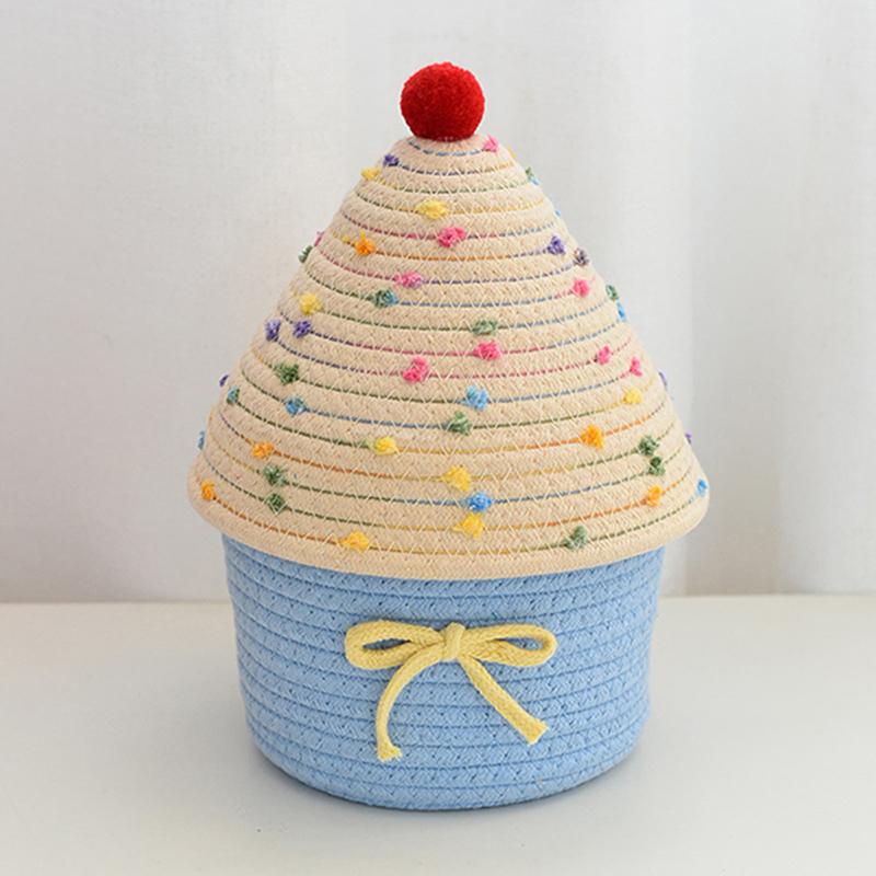 Мультяшная форма дома, плетеная корзина для хранения из хлопковой веревки с крышкой, большая вместимость, милые корзины для хранения в спальне, корзины для игрушек, пылезащитные хранилища