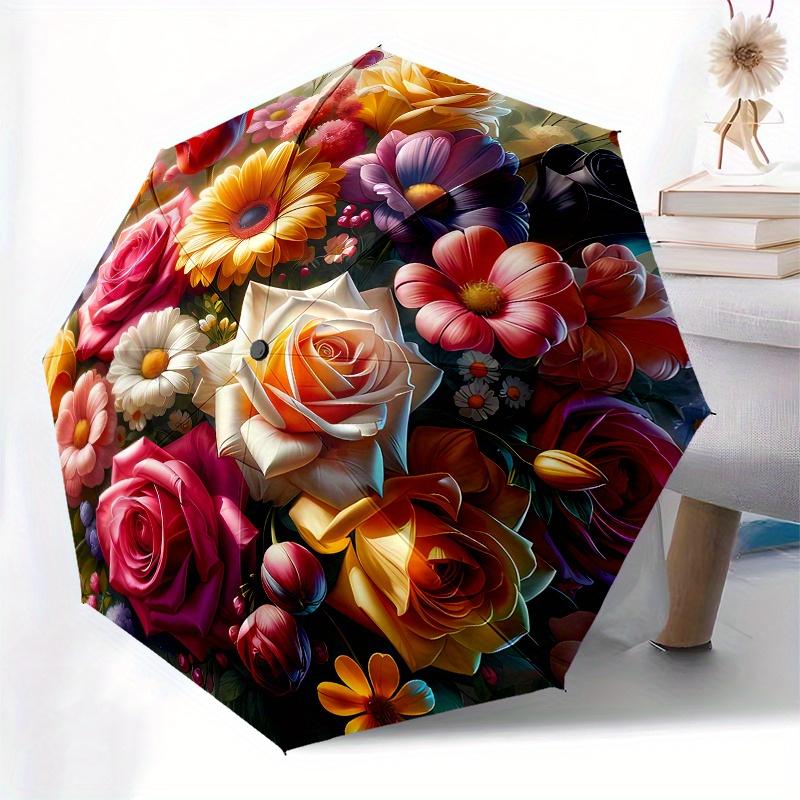 Floral Bouquet Theme Automatic Open/Close Umbrella, Portable 3 Fold Compact Umbrella for Men & Women, Valentine's Day Mother's Day Gift0725089
