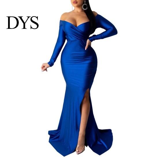 Slim Fit Dress Lady Evening V Neck Off Shoulder Side Slit Floor Length Long Ball Gown Sleeves Pleated Maxi Banquet Party Solid Color