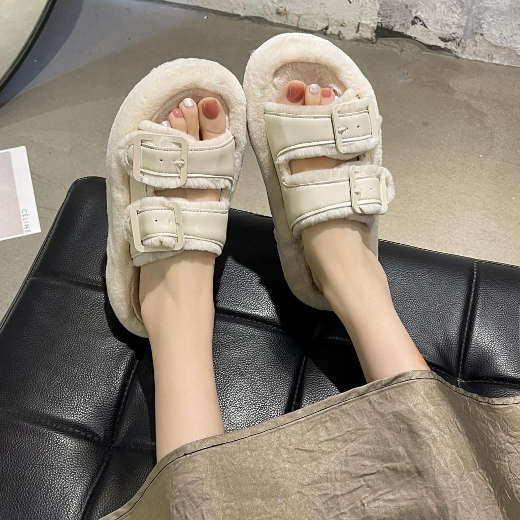 Thick Bottom Heightening Large Size Fluffy Slippers Women's Outer Wear 2025 New Autumn and Winter Fashion Leather Buckle Cotton Mop