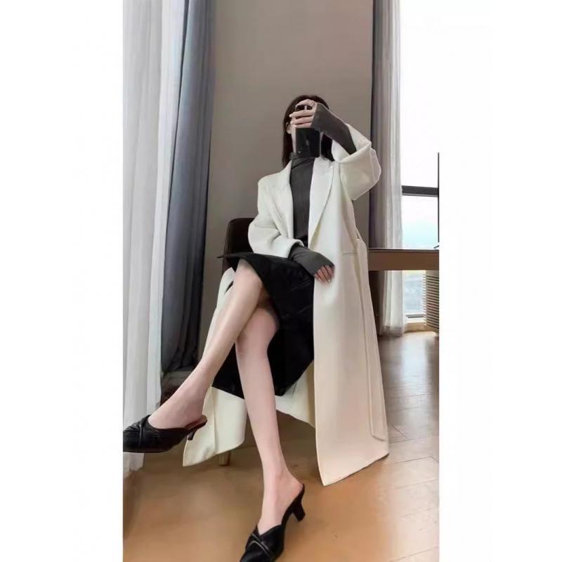 Bathrobe Style Front Shoulder Double-sided Wool Coat Winter Extended Over-knee Belt Long Hair Thickened Woolen Coat