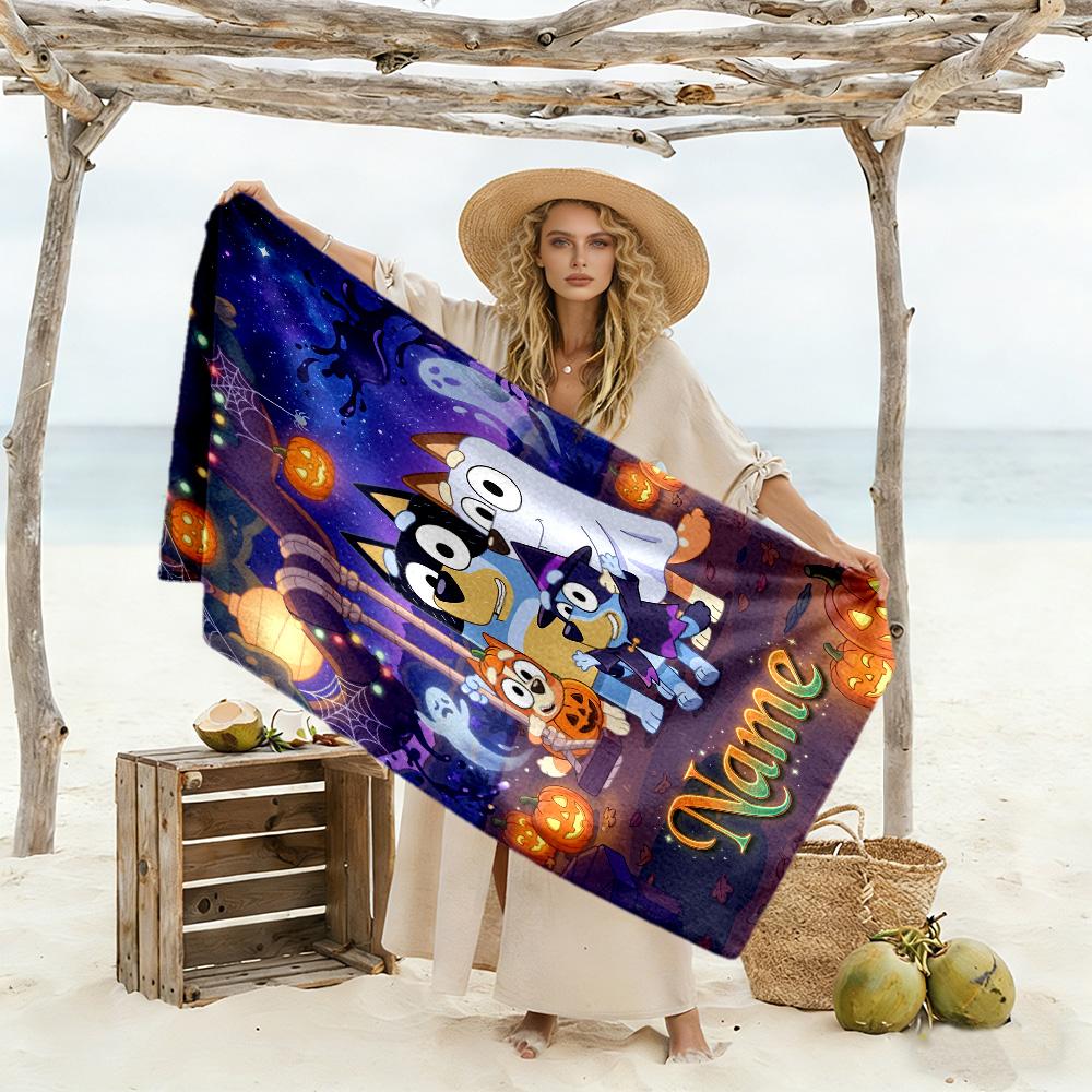 Halloween Bluey Party Personalized Name Beach Towel Quick-Dry Soft Microfiber