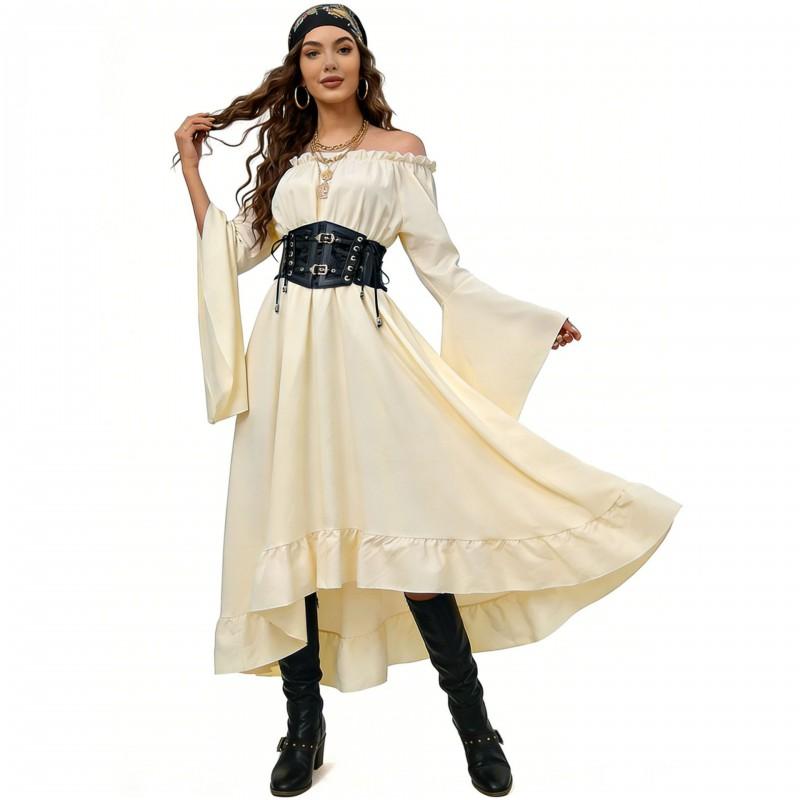 Halloween Pirate Costume Women Medieval Style Long Dress With Flared Sleeves Cosplay Outfit Stage Performance
