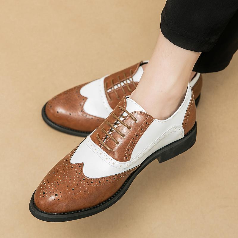 Men White Brogues Derbys Formal Business Leather Shoes Men Retro Black Tuxedo Wedding Classic Dress Shoes Over Sized
