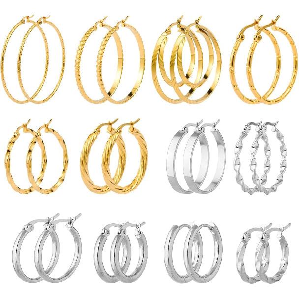 Jinxiuge 12 Pairs Gold Hoop Earrings Set Stainless Steel Twisted Round Small Chunky Hoop Earrings for Women