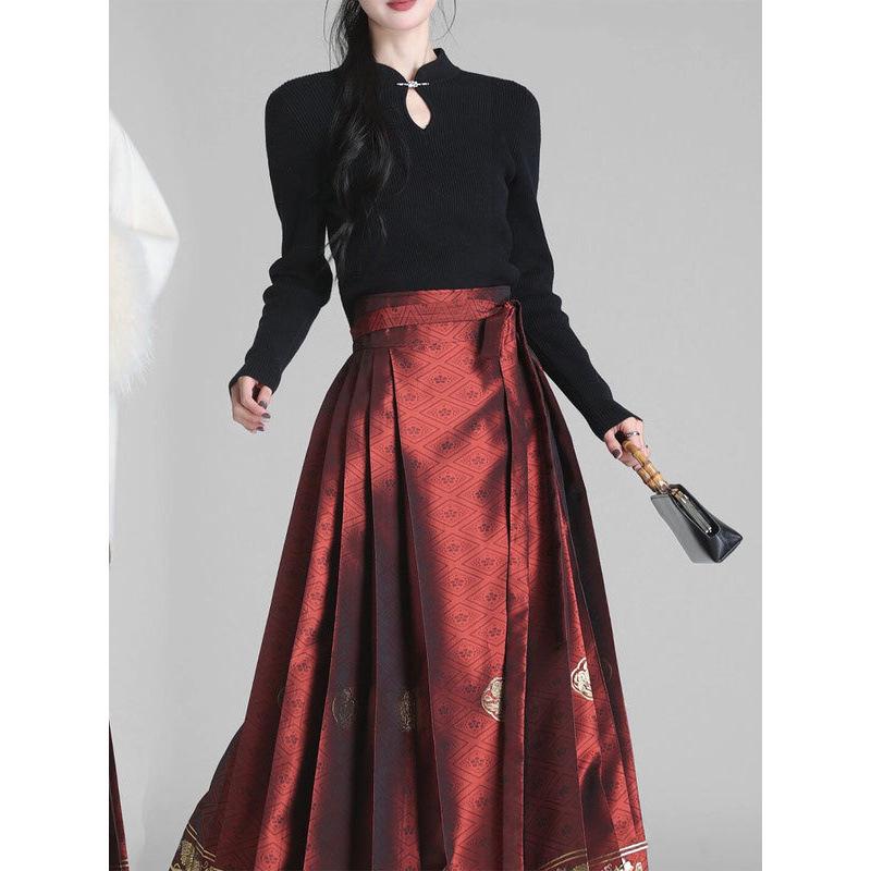 

Plus Size Red Dark Pattern Hanfu Skirt Set - Women s Spring/Autumn Two-Piece 4XL [For 90-100 kg]