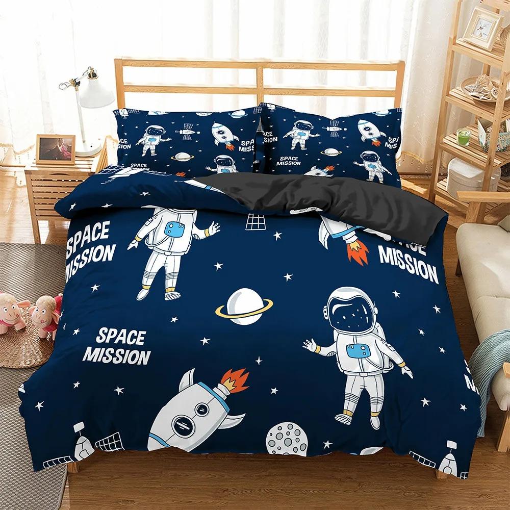 Kreslená ložní souprava Letectví Astronaut Povlak na přikrývku Chlapci Modrá obloha Sen Povlak na přikrývku Twin Single Double Velikosti Povlak na polštář