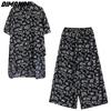 DIMANAF 2023 Plus Size Two Piece Set Suit Women Vinatge Print  Tops Pants Letter Female Suit Summer Wide Leg Pants
